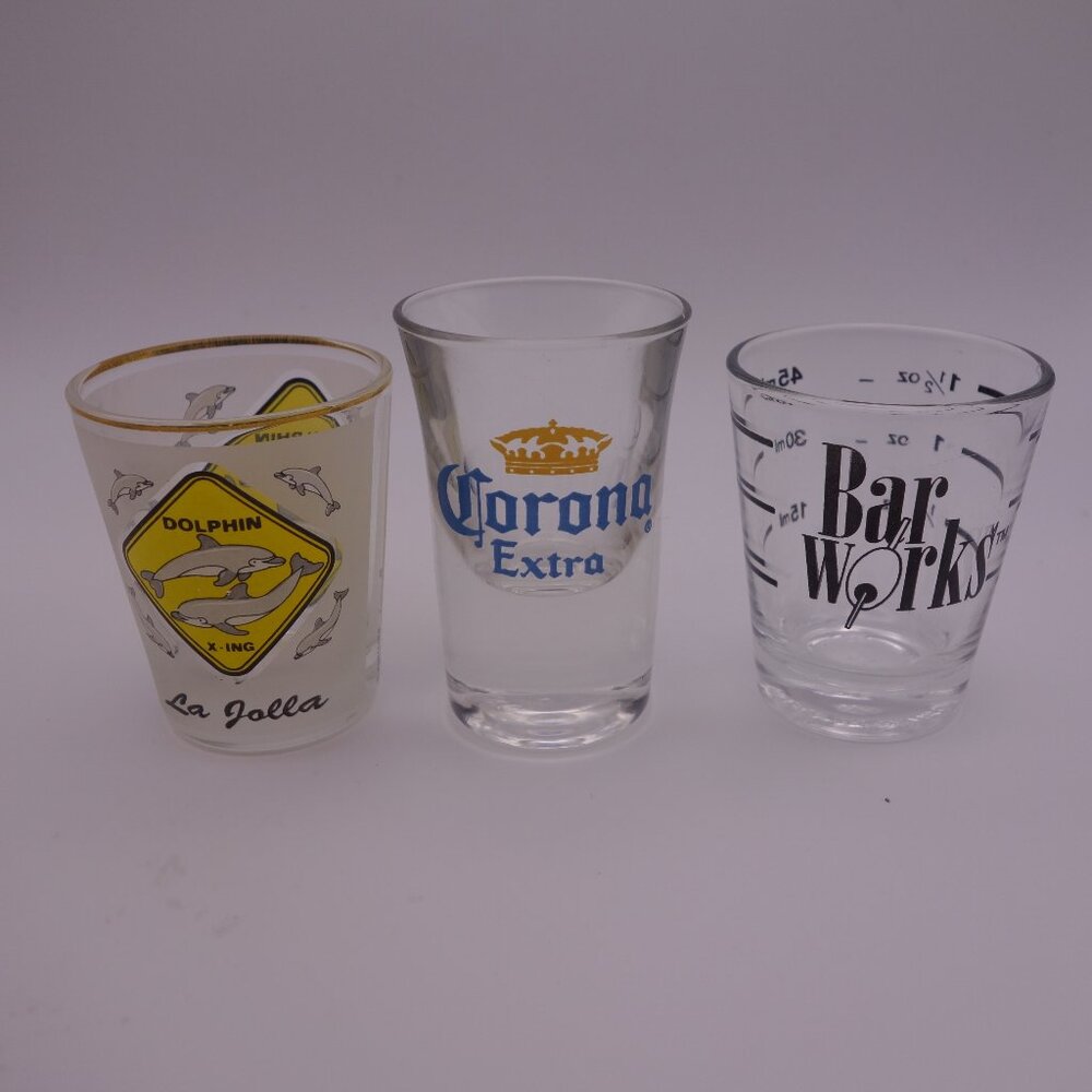 Set of 3 Shot Glasses - Bar Works - Corona - Dolphin X-ING La Jolla w/ Gold Rim